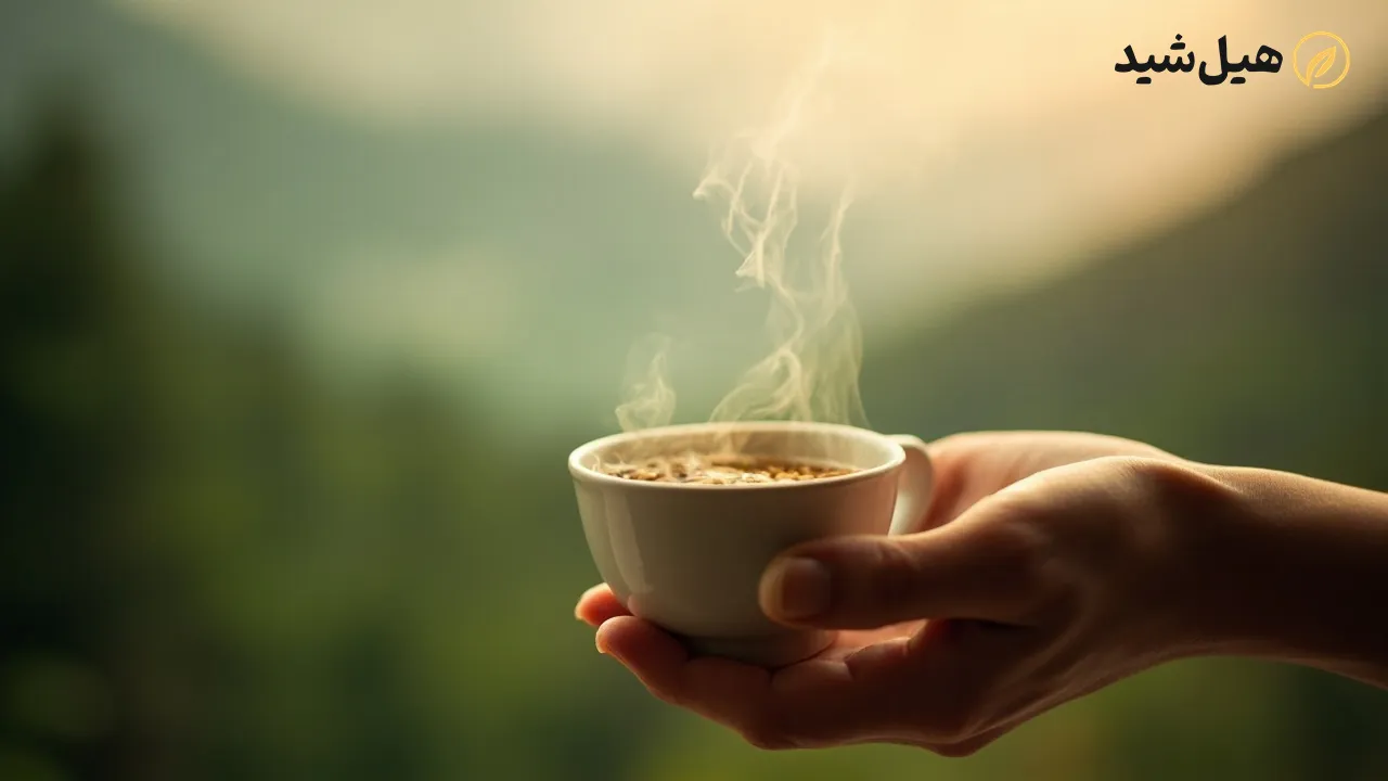 فنجان چای کوهی در دست با پسزمینه آرامشبخش