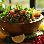 سالاد تبوله لبنانی با جعفری، گوجه، بلغور و برش‌های لیمو