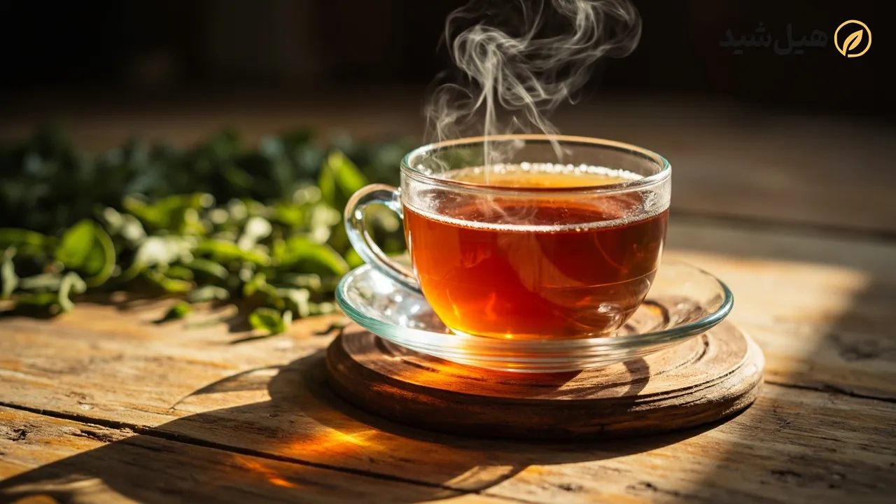 فنجان دمنوش چای کوهی و برگهای تازه گیاه