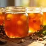 مربای به خانگی خوش‌رنگ و شفاف در شیشه‌های شیشه‌ای با برگ‌های به