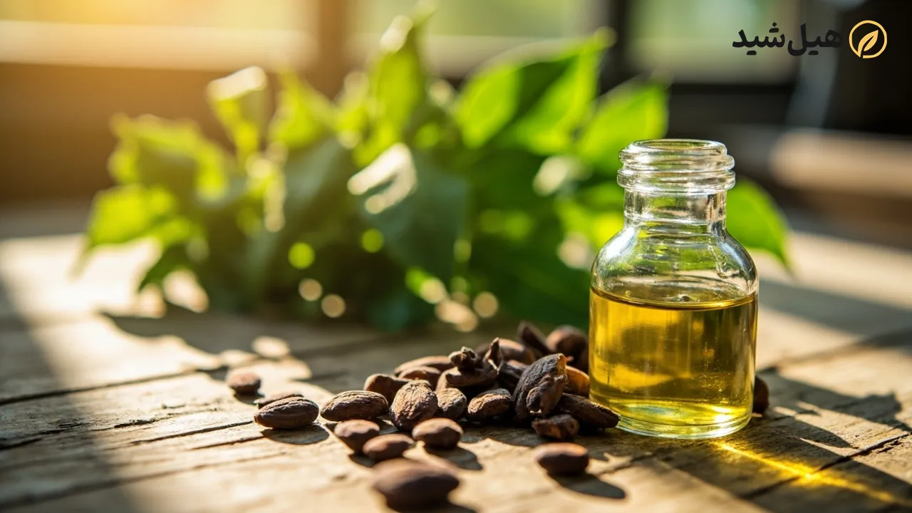بطری روغن کرچک طبیعی و دانههای گیاه کرچک