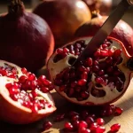 انار تازه و برش‌خورده با دانه‌های قرمز براق و آبدار